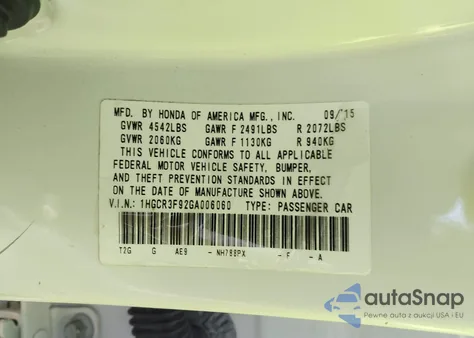 2016 Honda Accord Touring z USA, uszkodzony, nr VIN 1HGCR3F92GA006060